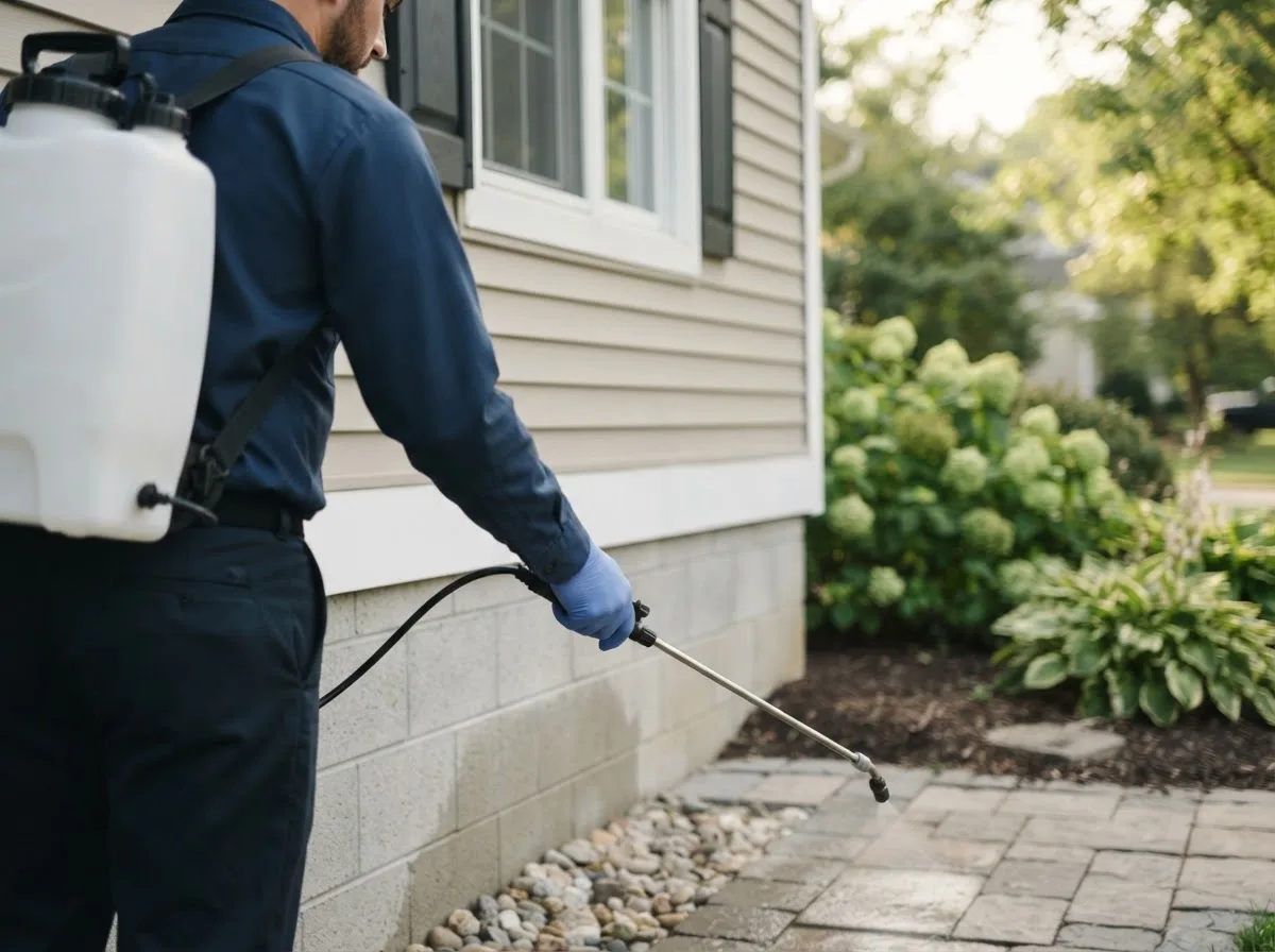 Pest control technician inspecting a home in Rainbow, TX